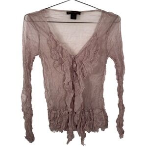 Elena Wang Sheer Crinkle Mesh Ruffle Front Tie Top Mauve Womens‎ XS